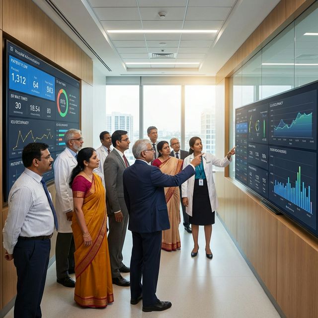 Hospital doctors and administrators reviewing modern software dashboard