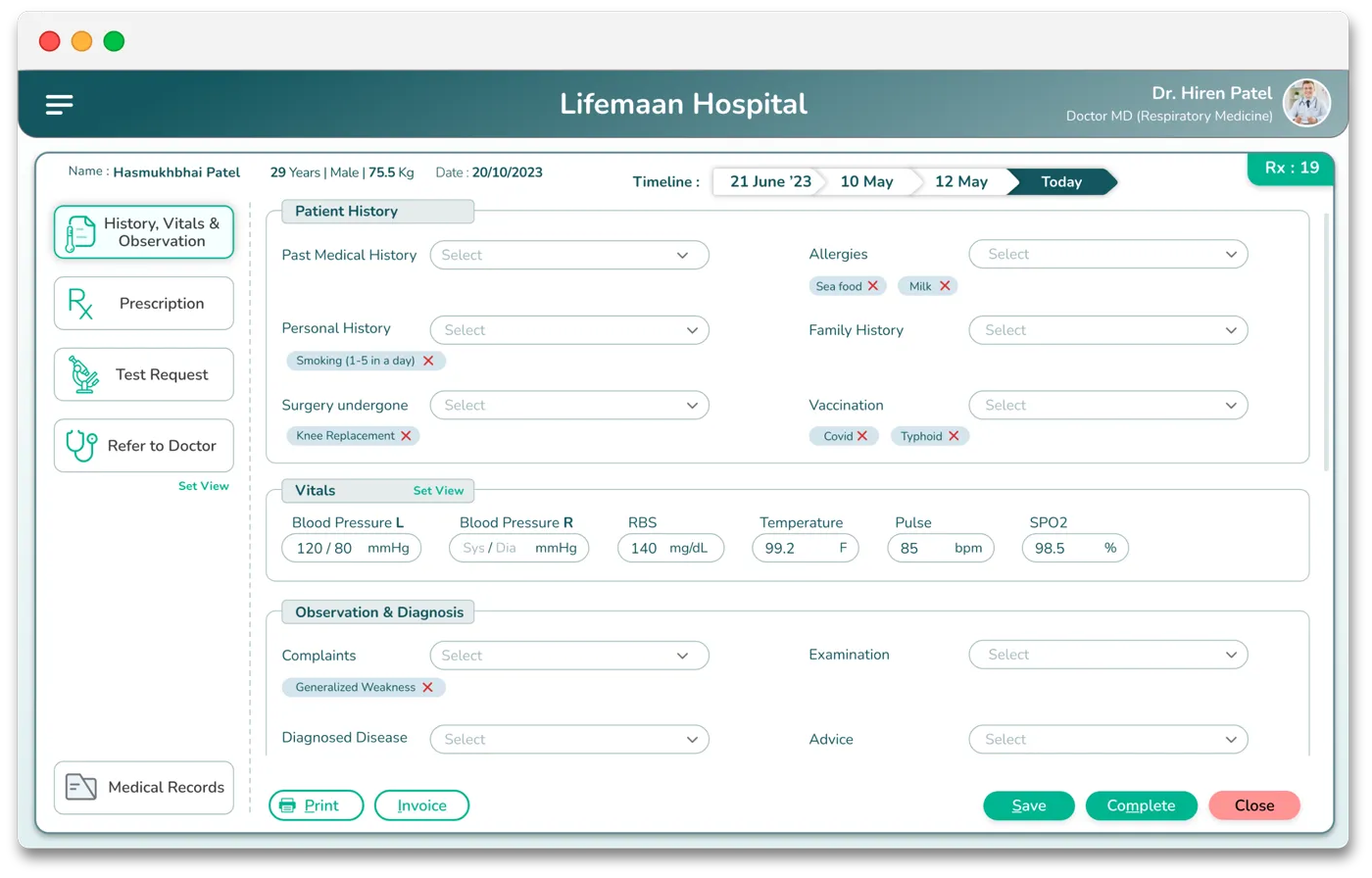 Lifemaan EMR showing a patient's full visit history and vitals