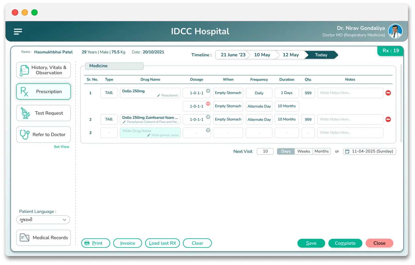Lifemaan structured medicine table with a patient-language dropdown set to Gujarati