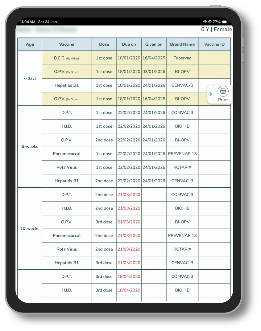 Lifemaan digital vaccination chart on a tablet: vaccines by age with due and given dates